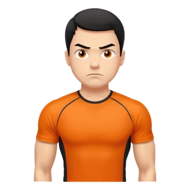 Mach mir einen unglücklichen typen der im gym trainert und viele muskeln hat mit einem orangen sport thshirt und schwarzen kurzen haaren sticker