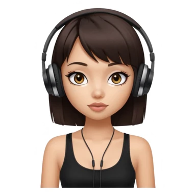 generate a pretty bratz girl in black cami top, dark brown straight bob hair with bangs, eyeliner on, listeninh to music sticker
