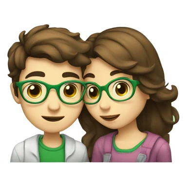 A boy with brown hair and a mustache is kissing a green haired girl wearing glasses sticker
