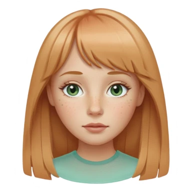 girl with oval face, fair cool skin, freckles, long strawberry-blonde hair, center part, wispy bangs, almond sea-glass eyes, sandy-blonde arched brows, straight nose, rose lips sticker