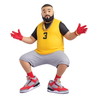 red DJ Khaled Grateful Air Jordan 3 sneaker in University Red, Black, Cement Grey colors with yellow cartoon arms and legs, playful pose, matching the style of the green 3D emoji character sticker