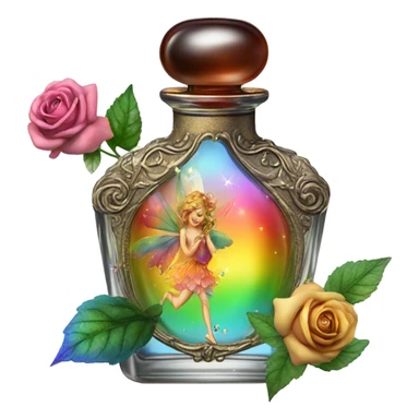 Rainbow magic fairy sparkling old Antique oil perfume bottle with herbal and rose flowers sticker