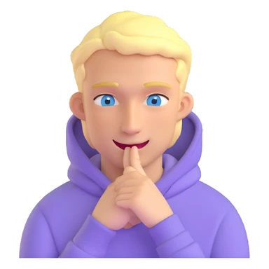 blonde man with blue eyes, lilac hoodie, winking sticker
