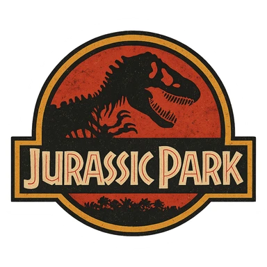 A classic Jurassic Park logo with a dinosaur skeleton silhouette, bold and iconic design, strong contrast, vintage style sticker