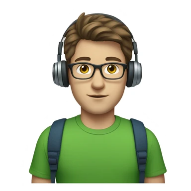 white young man with medium brown hair and square glasses and blue eyes wearing green t-shirt with laptop and headphones sticker