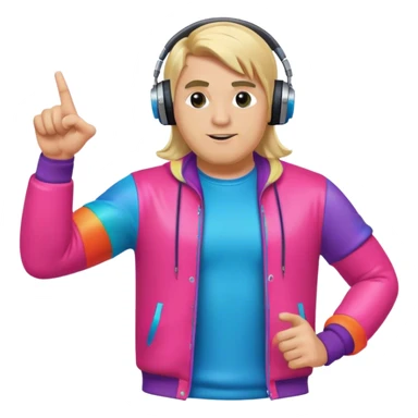 blond big man in colorful dj outfit pointing to one side sticker