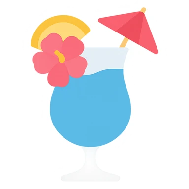 blue tropical cocktail with hibiscus, pineapple, and paper umbrella garnish sticker