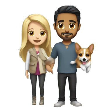 blonde girl with arab guy holding a corgi in their arms sticker