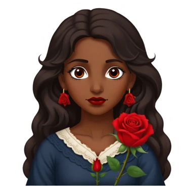 A Romani woman with long, wavy dark hair and a single red rose behind one ear. She has deep eyes and a confident, mysterious expression sticker