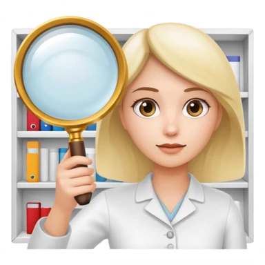 emoji of white empty shelf in perspective view with a woman nearby, she is looking at the shelfs with a magnifying glass sticker