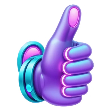 futuristic glowing thumbs up, neon purple and cyan light, dark background, digital tech style sticker