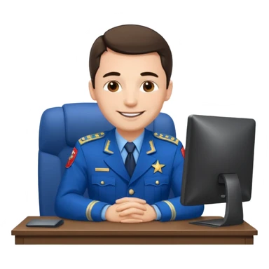 Мужчина в российской прокурорской форме, сидит за компьютером с улыбкой (синяя форма) sticker
