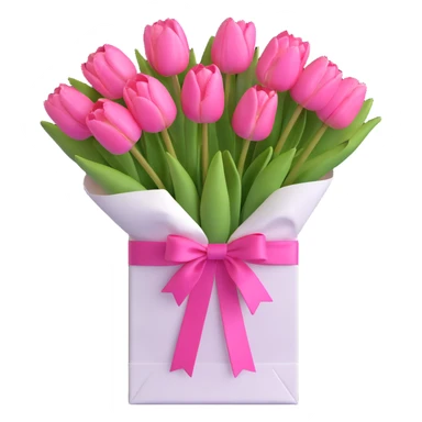 a bouquet of pink tulips in a white paper bag tied with a pink ribbon, 3D iOS emoji style, pastel pinks and lavenders, softest shadows, clean and airy look sticker
