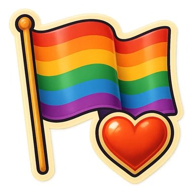 gay pride rainbow flag, waving, with a heart, retro sticker style sticker