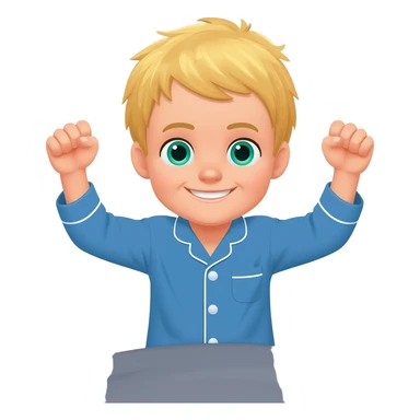 Use the same 3 year old blonde boy with blueish-green eyes, it should be the same boy as before  happy with plain blue pajamas raising both arms up and hands like fists, sitting on the bed, the bed should be gray sticker