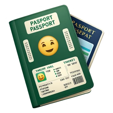 white passport with embedded airline tickets, dark green details on tickets and passport, rest white, emoji style sticker
