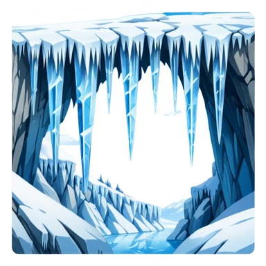 A stunning winter scene showing long, sharp icicles hanging from a frozen cliff or ledge, glistening in bright daylight. The surface is covered in snow and ice, with a cold blue and white color palette, highly detailed, realistic lighting, and frosty atmosphere. sticker