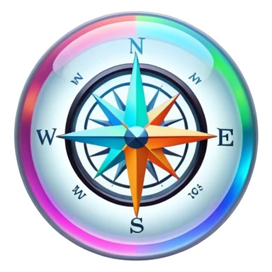 A glowing holographic compass with vibrant neon colors, inside a crystal-clear floating sphere sticker