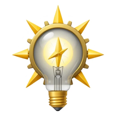 a gray gear with yellow curved raising arrow behind it on the right side, and then a small golden beaming light bulb on the left side sticker