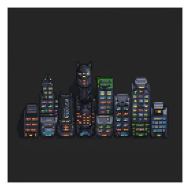 Pixel art night scene of Gotham City. Dark, moody street with a flickering lamppost, trash bins, and a few shadowy human silhouettes. Gritty atmosphere, subtle lighting, cinematic noir vibe. sticker