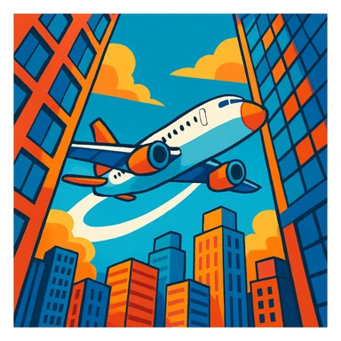 A plane flying through two skyscrapers, cityscape, dramatic perspective, vibrant colors, no text sticker