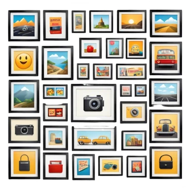Icon for Photograph and Poster Collecting: a collection of photographs and movie posters, neatly displayed on a wall or in frames. The icon should evoke the nostalgia and artistic value of collecting rare images and posters. Transparent background. sticker
