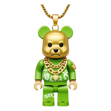 classic bearbrick figure with lime green mask covered in chaotic brand logos, wearing several large gold chains, gold pendant, rapper style accessories, expressive eyebrows sticker