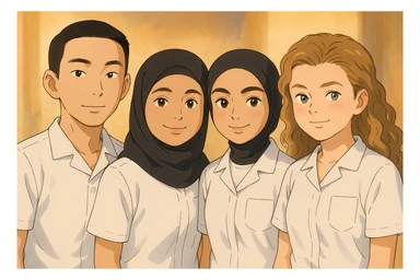 Four nursing students standing side by side in a warm atmosphere, wearing white short-sleeve uniform tunics without collars, no undershirts or stethoscopes. The tunics have V-neck collars and a chest pocket on the left side. Faces and attitudes inspired by the four provided photos, in Ghibli style. sticker