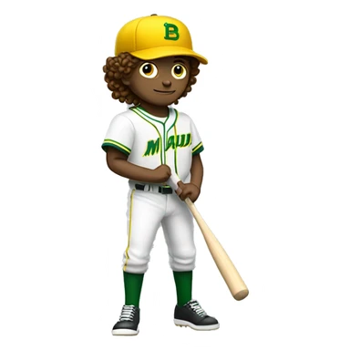 White boy with brown curly hair swinging baseball bat with green and yellow uniform with an M in his hat sticker
