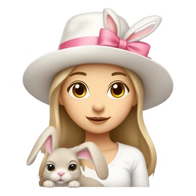girl in a white hat with a hare in her arms with a pink bow sticker