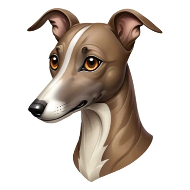 Cinematic Noble Brindle Greyhound Portrait Emoji, Poised and regal, with a slender, aerodynamic build and a refined brindle Fur, deep-set soulful eyes, Simplified yet sharp and sophisticated features, highly detailed, glowing with a soft, dignified glow, high shine, intelligent and agile, stylized with an air of elegance, focused and attentive, soft glowing outline, capturing the essence of a watchful and graceful racer, so majestic it feels as though it could dash out of the screen with effortless authority! sticker