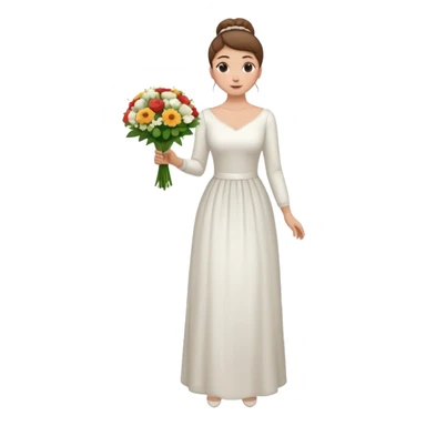 Chica blanca, cabello castaño, recogido en moño alto con mechones, vestido novia de manga larga, cuerpo entero, ramo de flores en una mano sticker