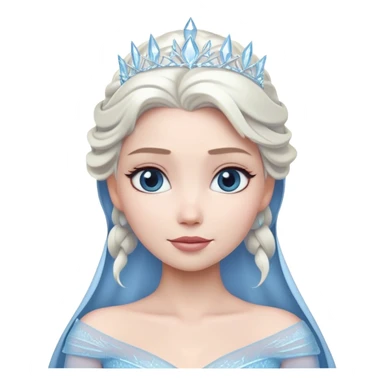 Cinematic Timeless Snow Queen Portrait Emoji, rendered in a clean, vector style. Depict Elsa with icy pale skin, intricately styled platinum hair, and a serene, regal expression, dressed in a minimalist ice-blue gown. The design features bold, simplified shapes, a soft, drowsy crystalline glow, and a subtle glowing outline, capturing the essence of timeless, majestic winter beauty. sticker