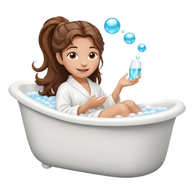girl with wavy long ponytail brown hair, brown eyes, light to medium complexion, long lashes, lying full body in a white bathtub with bubbles with one foot out of the tub, side view sticker