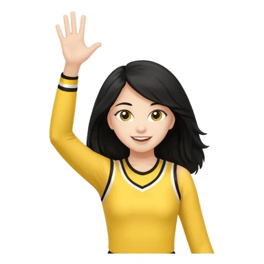 A long black hair teen girl waving pom-poms, eyes sparkling with excitement, yellow cheer leader top sticker