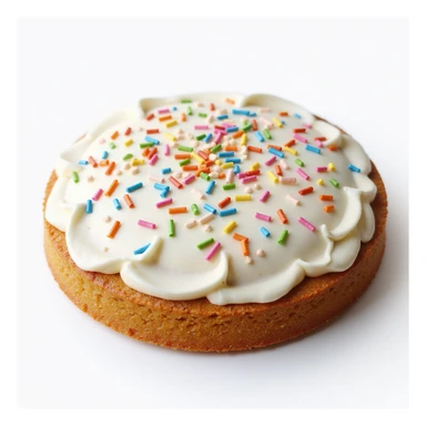 realistic round cake with white frosting and colorful sprinkles, photorealistic style sticker