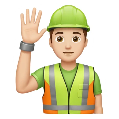 employee holding a car engine part in one arm, waving right hand, wearing a green safety vest sticker