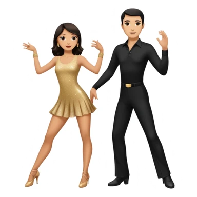 Photorealistic dancesport professional latin couple dancing the cha cha cha at the competition dancefloor, the women is in skinny short sparkly dress, the man is in black shirt and black classic pants, the women has brown long hair, the man has short black hair  sticker
