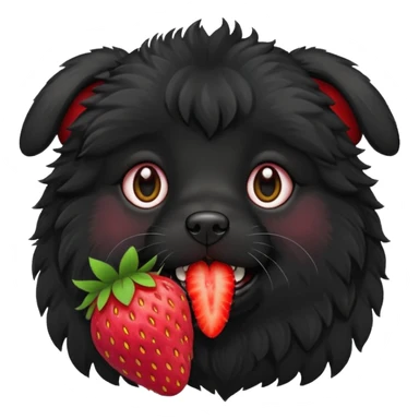 A black fluffy dog with a strawberry sticker