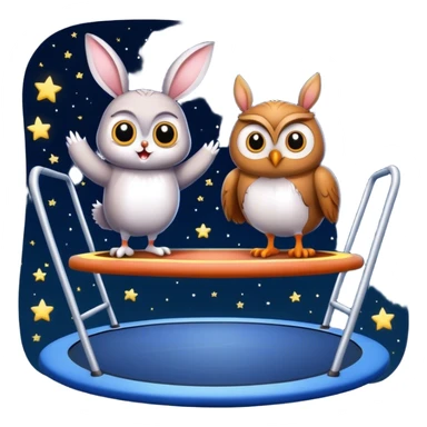 rabbit and owl on trampoline with starry sky sticker