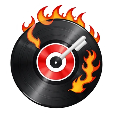 a black vinyl record white stick  with red outlin and flames  sticker