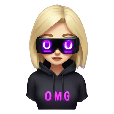 Russian cute blond student girl wearing black hoody with violet letters "OMG", in vr headset. No eyes. Cyberpunk style. Violet neon. sticker