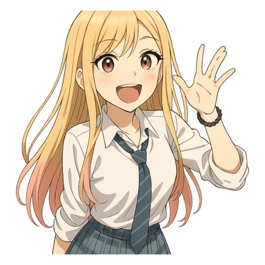 Marin Kitagawa, cheerful anime girl with long blonde hair and pink tips, school uniform, expressive face, anime style sticker