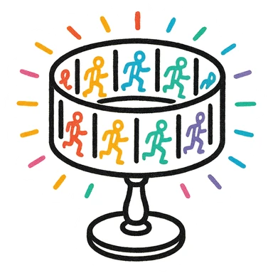 Make the zoetrope with vibrant, colorful animation frames around it, in the style of hand drawn icon with no fill sticker