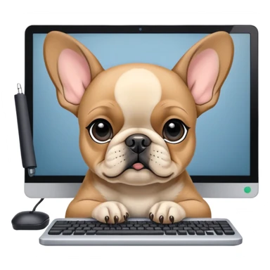 Fawn Frenchie with black muzzle working behind computer sticker