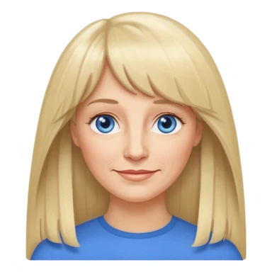 50 yr old white woman, curtain bangs, very long straight blond hair, oval face, small smile, blue eyes, thin face, hair down to elbows sticker