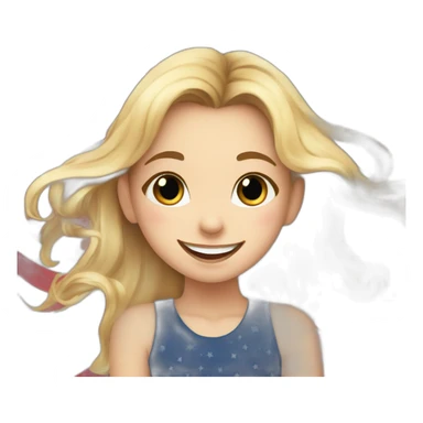 A joyful, happy girl with stars in her eyes, against the background of the US flag sticker