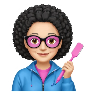 FEMME FRISÉ 60 ANS CHEVEUX NOIR FRISÉ LONG SOURIANTE AVEC CHANDAIL ROSE,   YEUX BLEU ET UN PINCEAU À LA MAIN LA MAIN AVEC 5 DOIGT SEULEMENT ET LUNETTE sticker