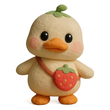 kawaii white duck with a strawberry-shaped shoulder bag, 3D clay style, pastel colors, big shiny eyes, soft lighting, chibi proportions sticker