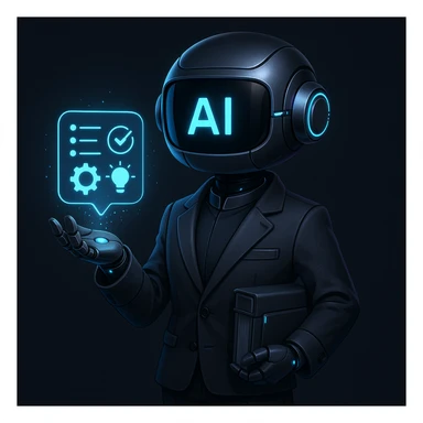 futuristic robot librarian with a holographic interface, dark mode style, holding glowing AI tool icons, resembling a mini productivity wizard with sleek tech accessories, wearing a smart minimalist outfit sticker